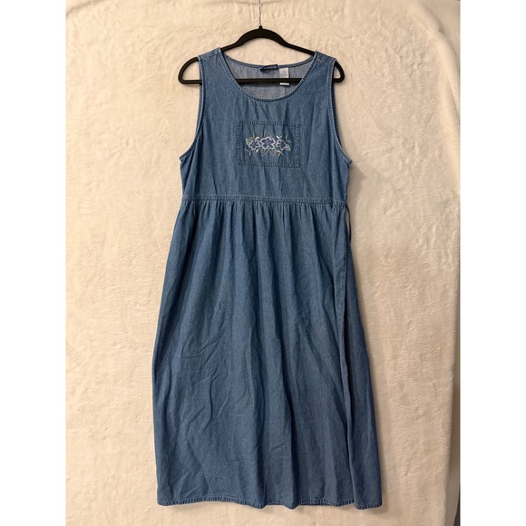 Erika & Co. Dresses & Skirts - Erika & Co Denim Dress Womens XL Blue Cotton Floral Embroidered Midi Sleeveless